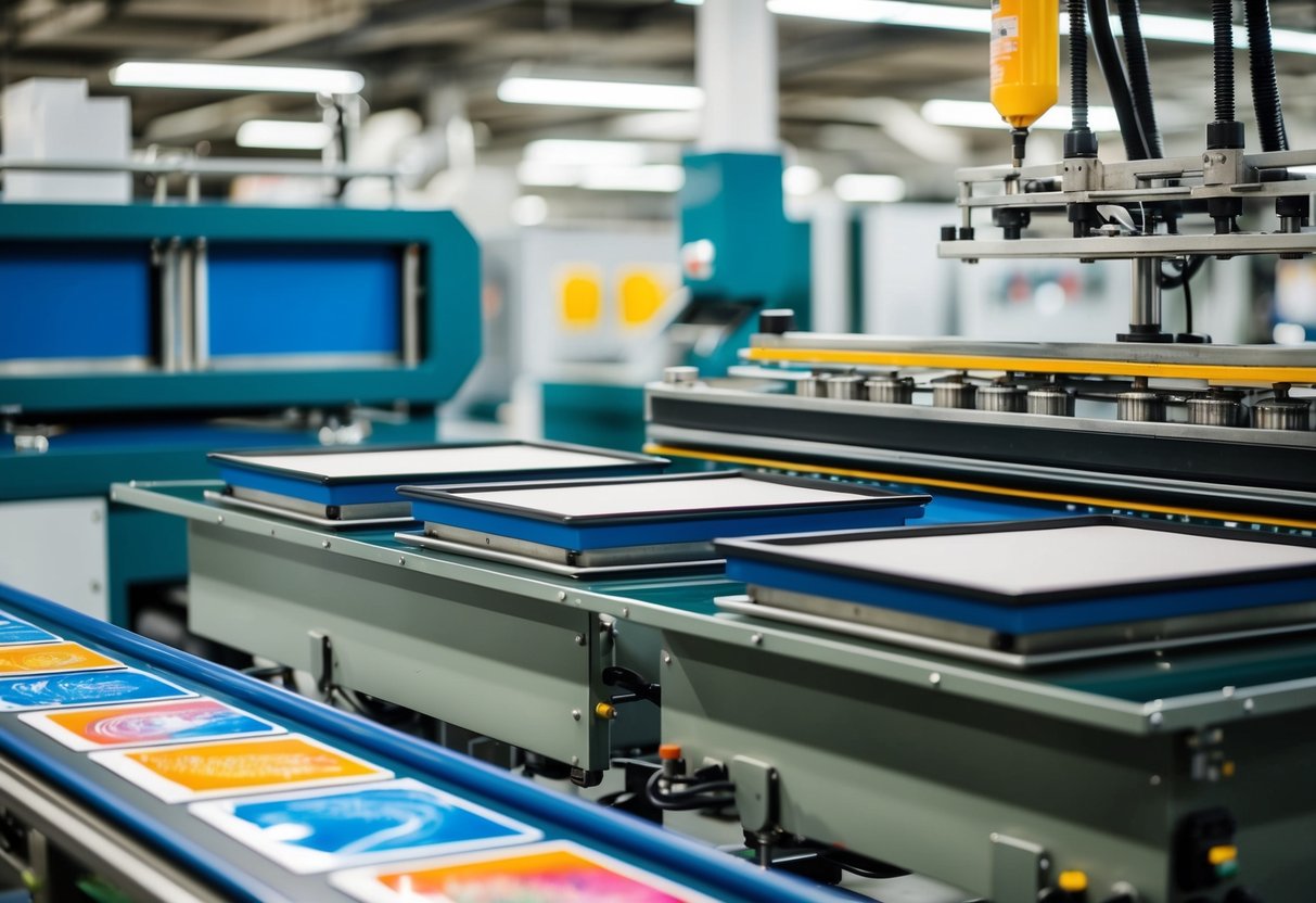 Industrial screen printing: A large machine with multiple screens, squeegees, and ink reservoirs in a factory setting, with a conveyor belt carrying printed materials