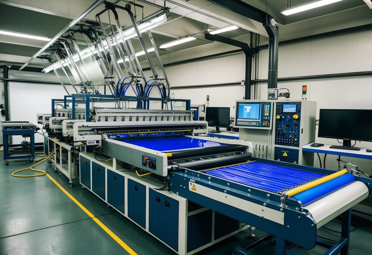 A large industrial screen printing machine in operation, with conveyor belts, squeegees, and ink reservoirs. Various electronic control panels and computer monitors surround the equipment