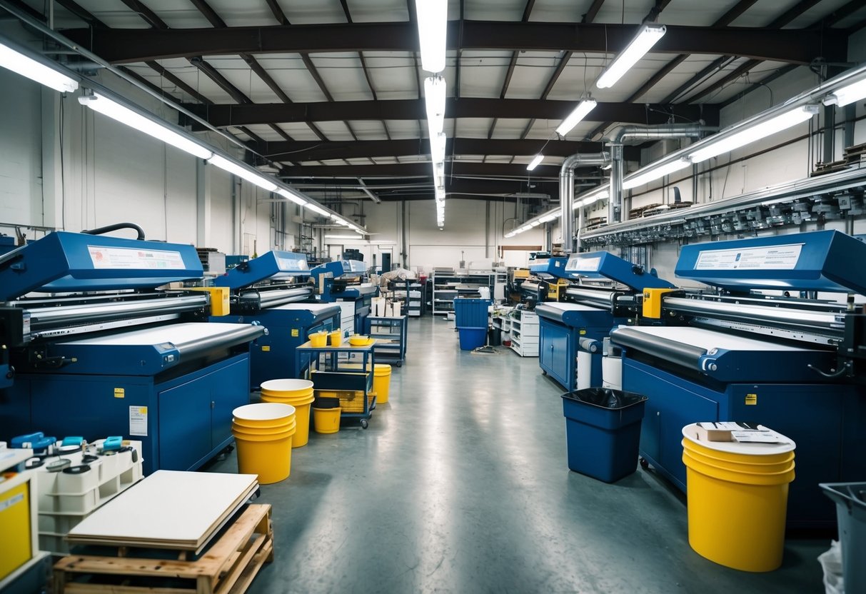 A factory floor with large industrial screen printing machines and various printing materials and equipment scattered around