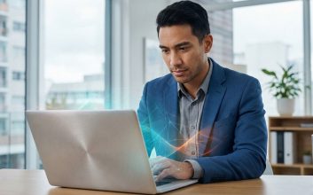 Homme professionnel concentré sur un ordinateur portable avec des effets numériques. Il est dans un bureau lumineux avec fenêtre et plantes.