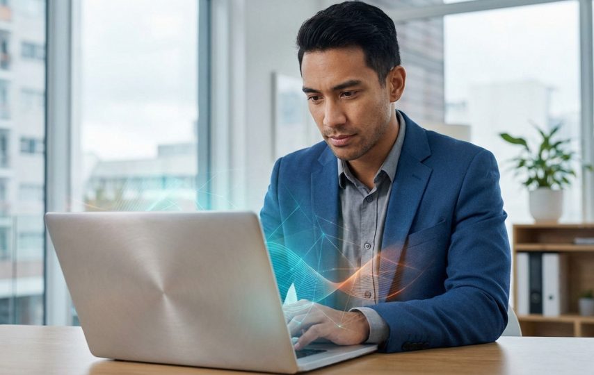 Homme professionnel concentré sur un ordinateur portable avec des effets numériques. Il est dans un bureau lumineux avec fenêtre et plantes.